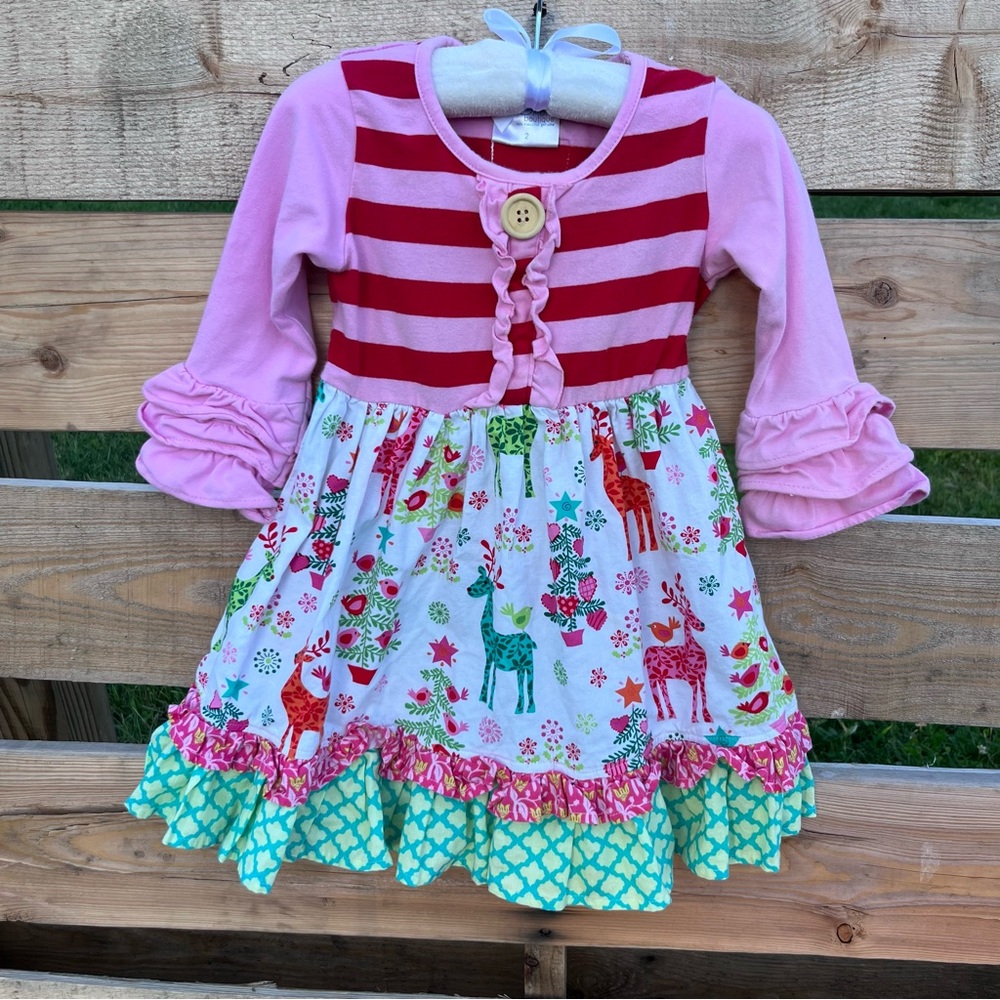 Momi Boutique Christmas Pink and Red Striped Deer Dress 2T
